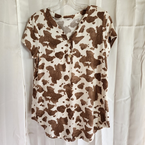 Bombom Brown and White Cow Print Women's Top - Picture 2 of 15